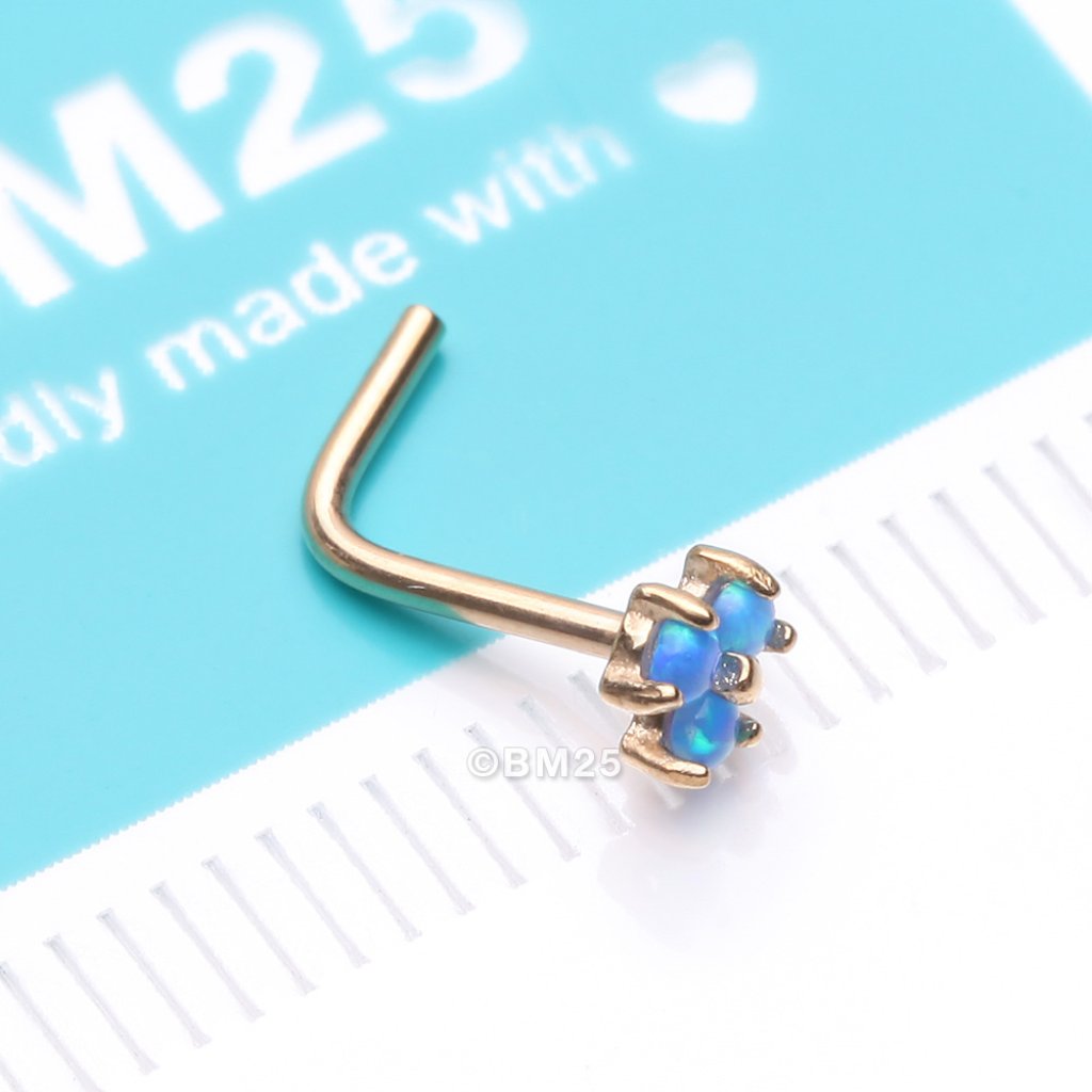 14 Karat Gold Tri Fire Opal Sparkle Prong Set LShaped Nose Ring